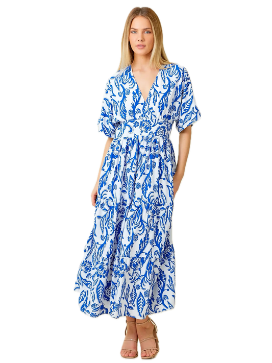 V-Neck Tiered Maxi Dress in Blue & White