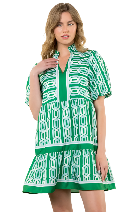Puff Sleeve Pattern Dress in Green